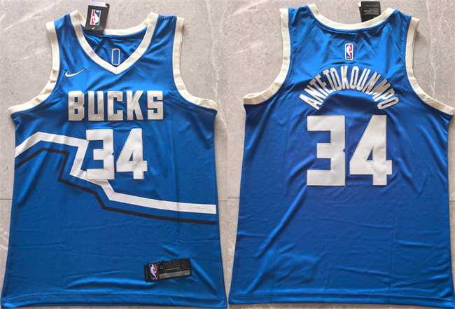 Men%27s Milwaukee Bucks #34 Giannis Antetokounmpo Royal 2024 City Edition Stitched Basketball Jersey